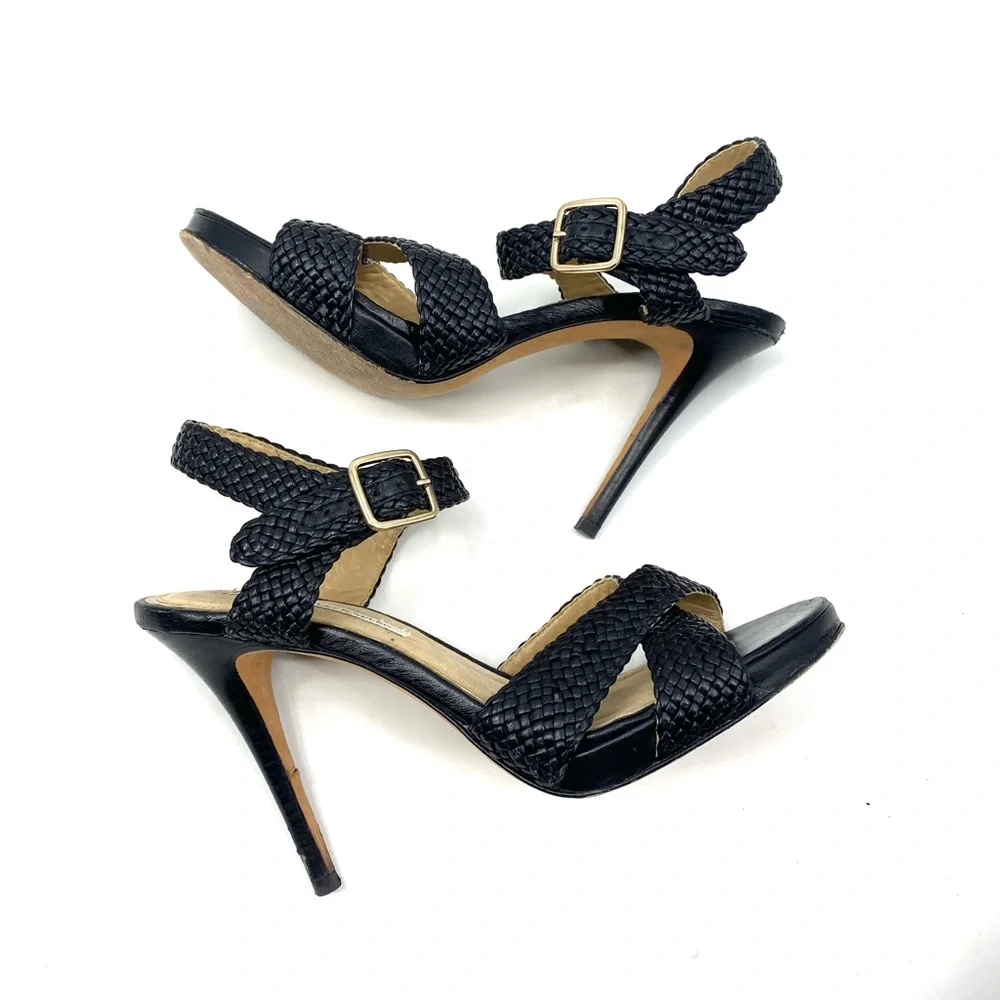 💕SALE💕 DVF Diane Von Furstenberg Black Leather Basketweave Heels - Picture 4 of 8